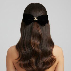 *Black Velvet Bow Hair Barrette with Gold-Tone Logo Accent – NWOT (2)